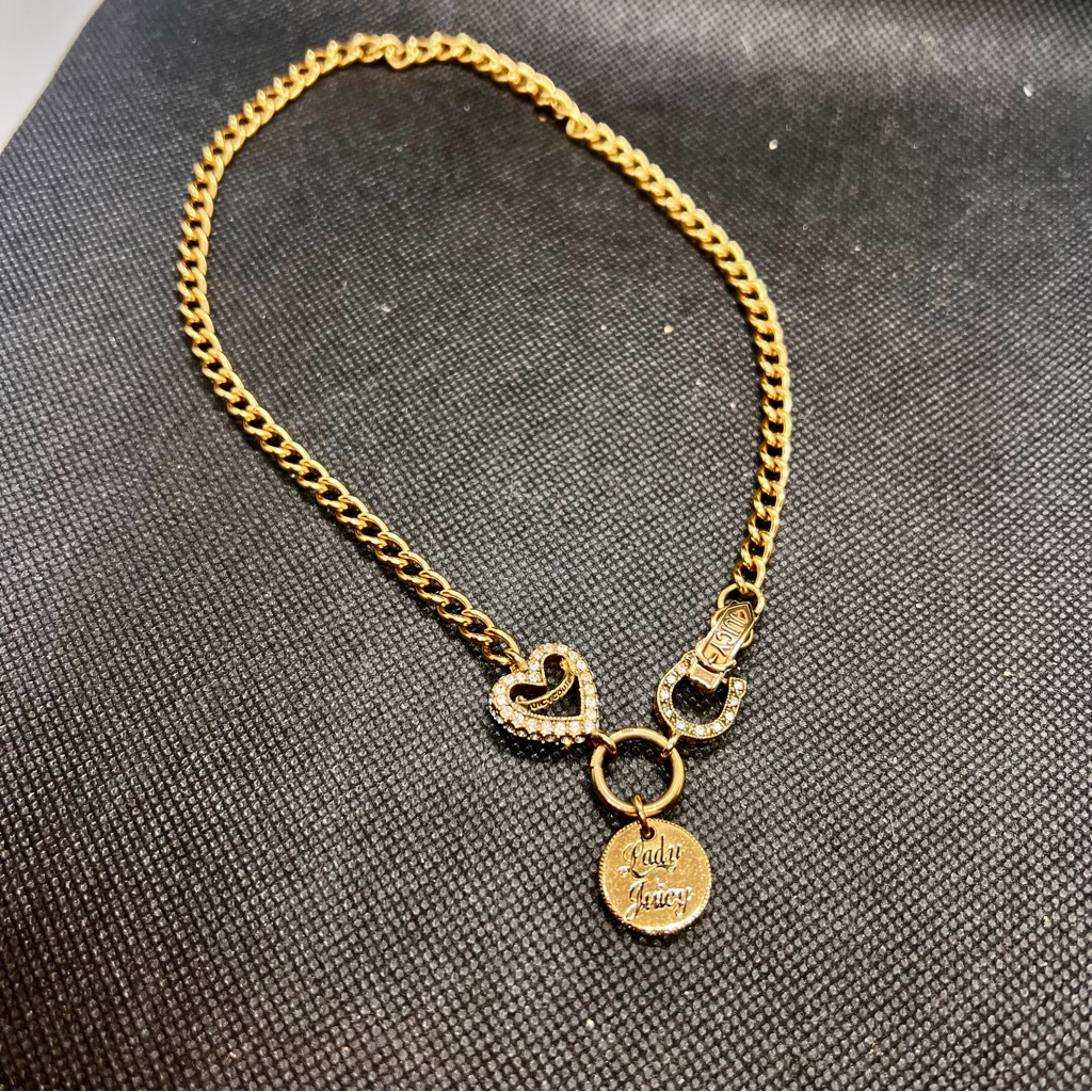 Y2k Juicy Couture Gold Tone “Lady Juicy” Heart Charm Choker Chain Link Necklace